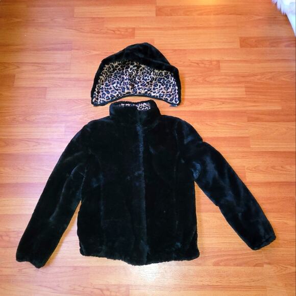 NEW Leopard Reversible Jacket, Size Small Faux Fur Jacket Black - Picture 2 of 9